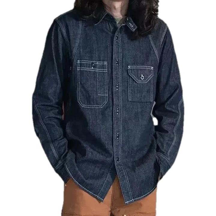 Comfortable Average Fit Worker Men's Denim Shirt - Dark Blue